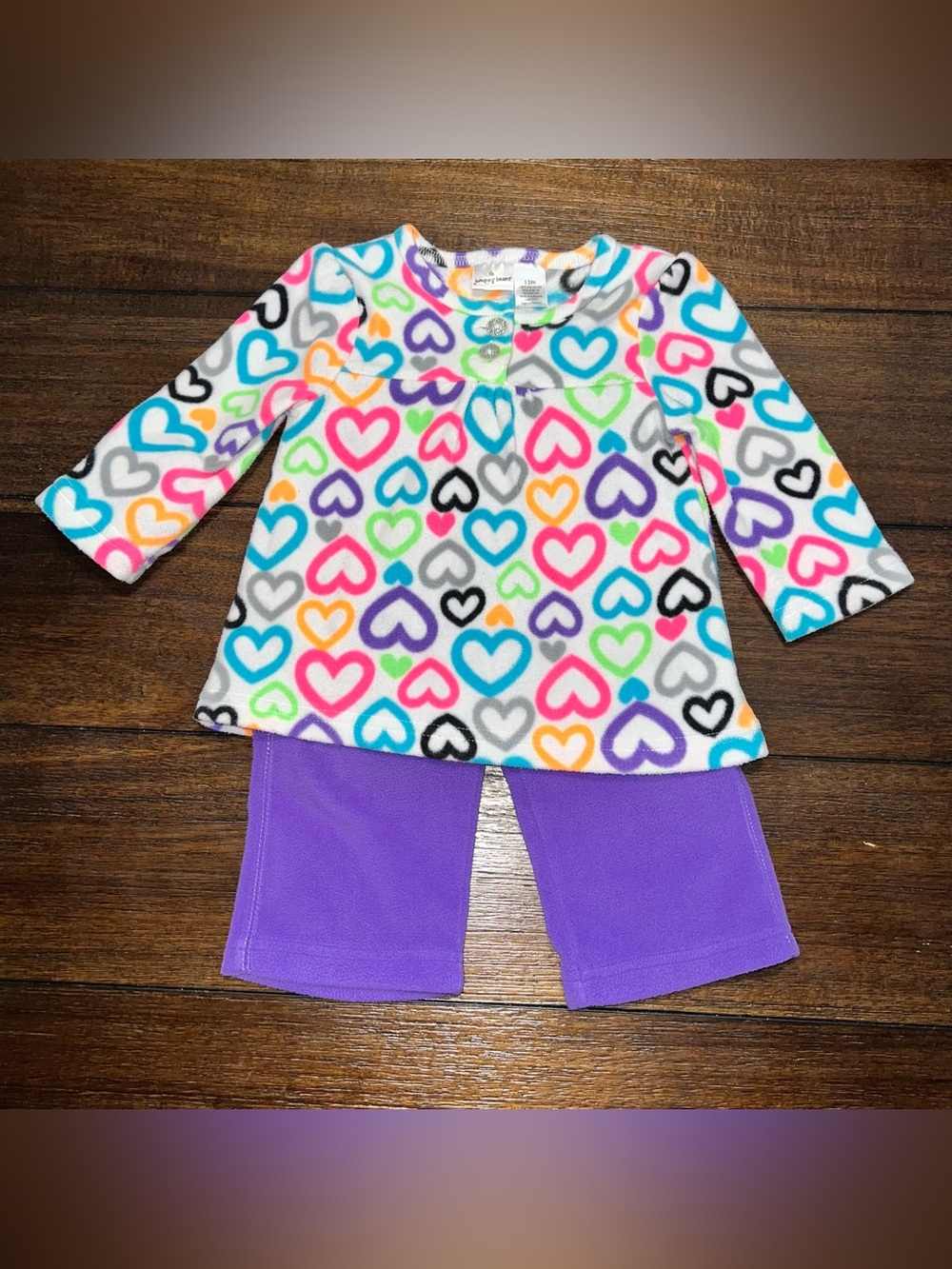 jumping beans Purple Fleece Pajama Set with Multicolor Hearts